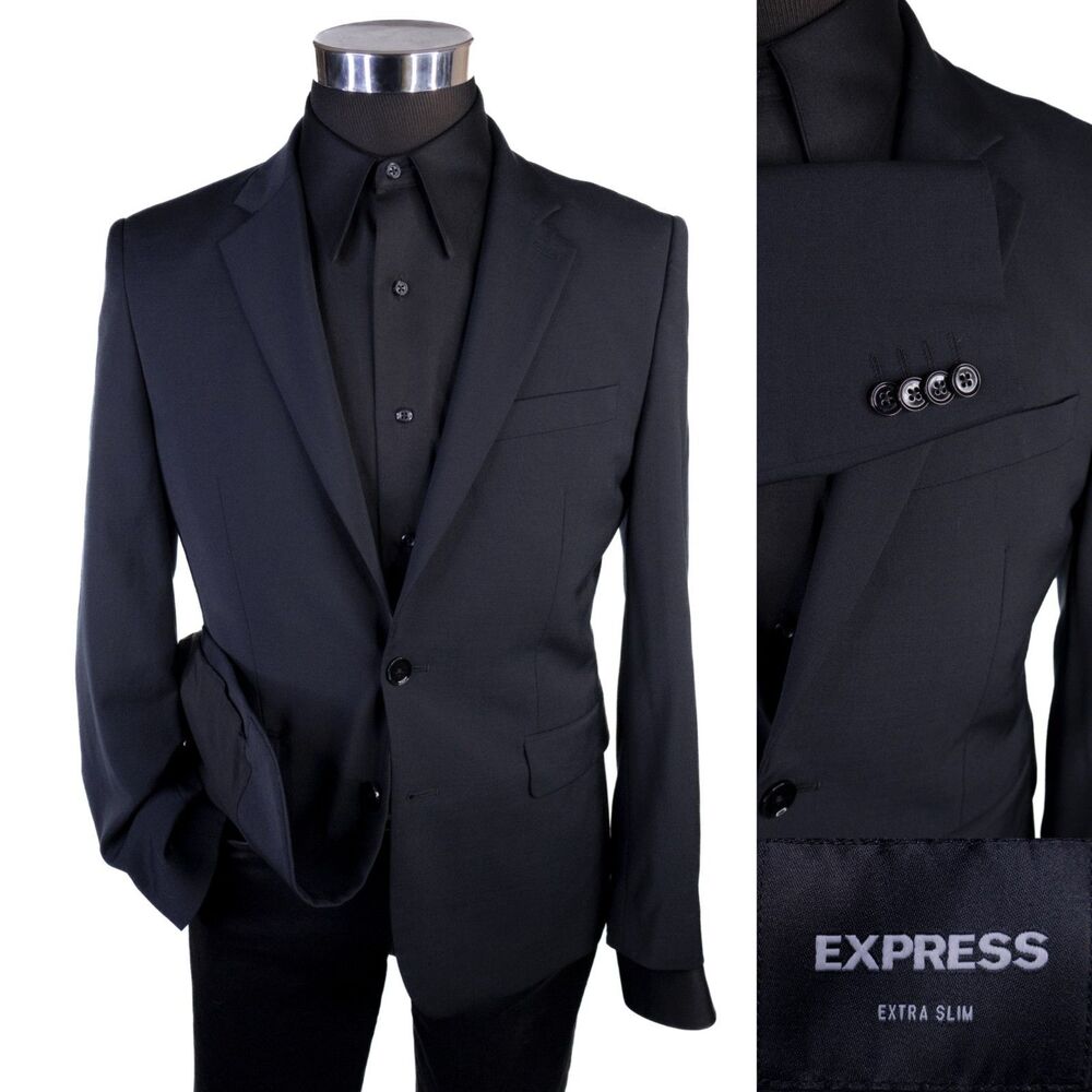Express Blazer Jacket Mens 38S X-Slim Solid Black Wool Two Buttons Sport Coat